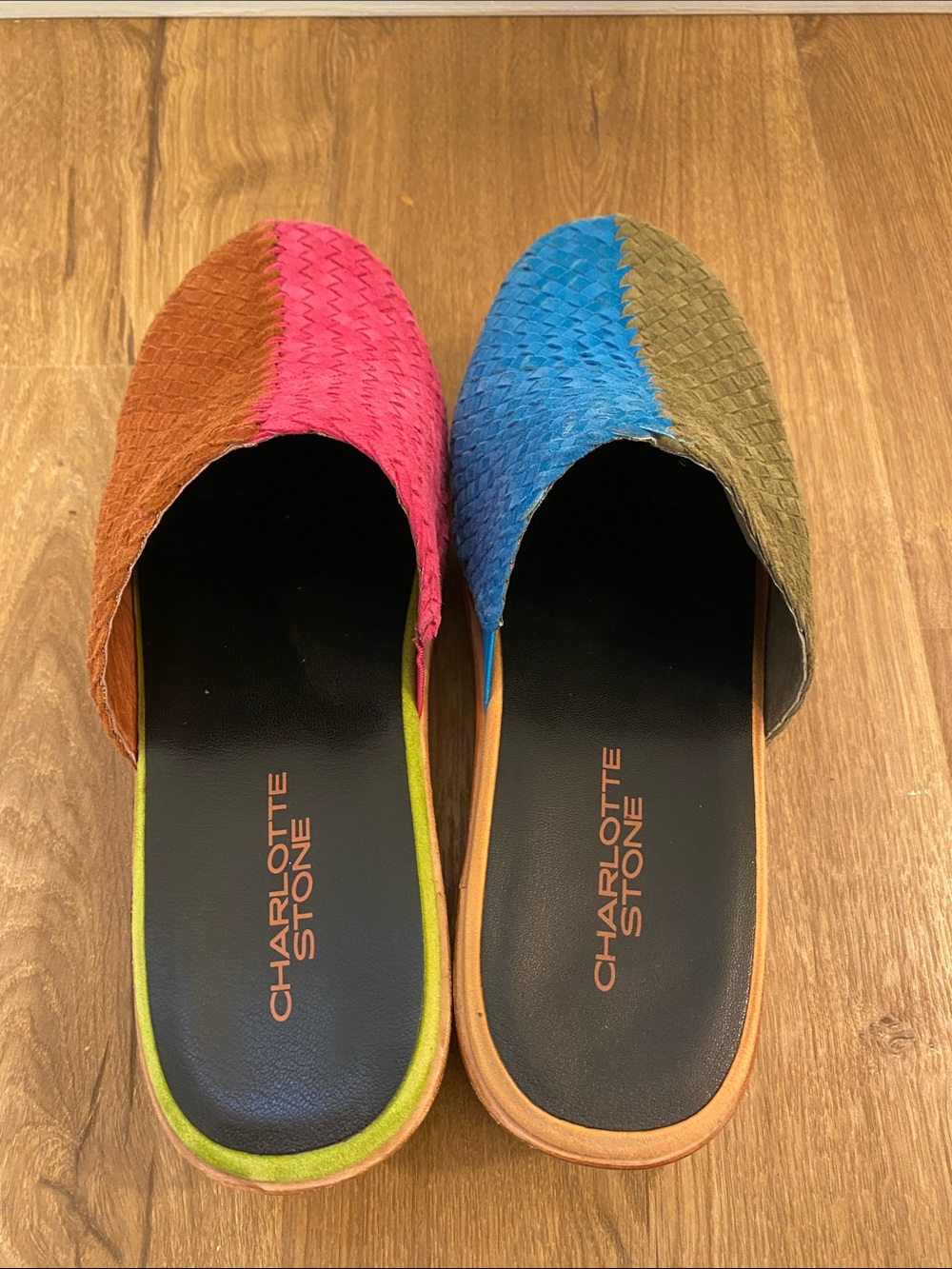 Charlotte Stone Two-Tone Woven Suede Slip-On Mules in Blue, Pink, Olive & Rust - Picture 2 of 5